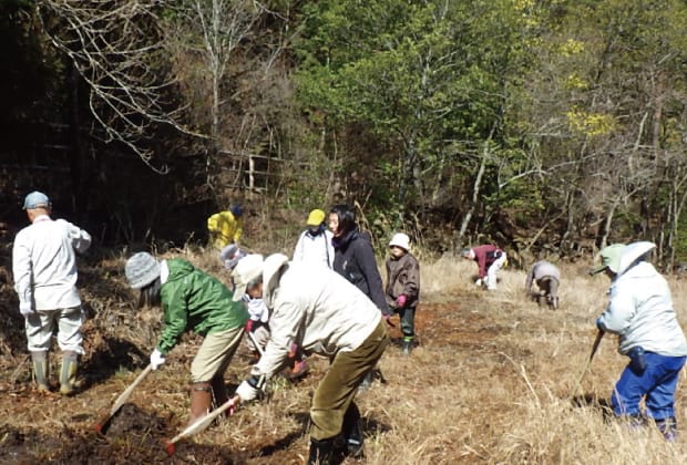 水を湿地全体に行き渡らせるといった作業の様子