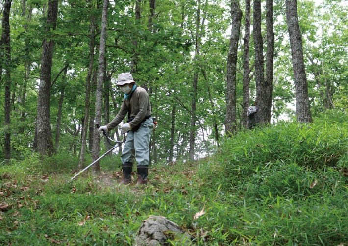能勢町三草山ゼフィルスの森の草刈りをする人たちの画像